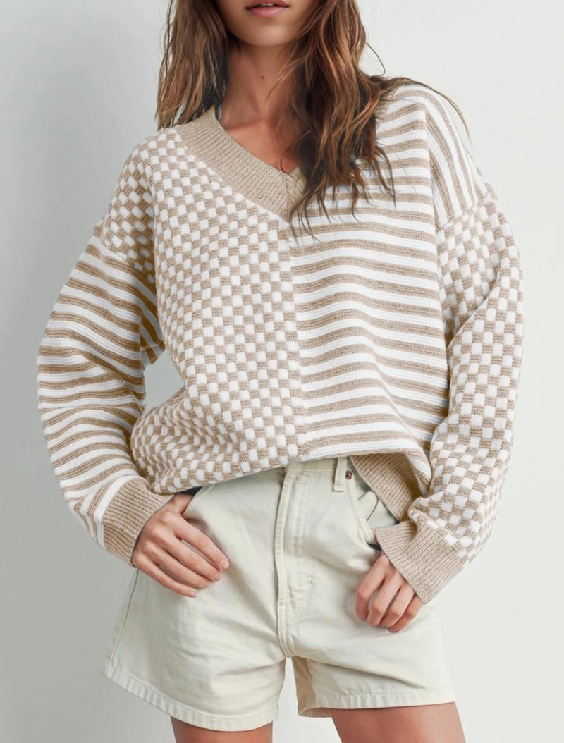 Striped V-Neck Knit Pullover